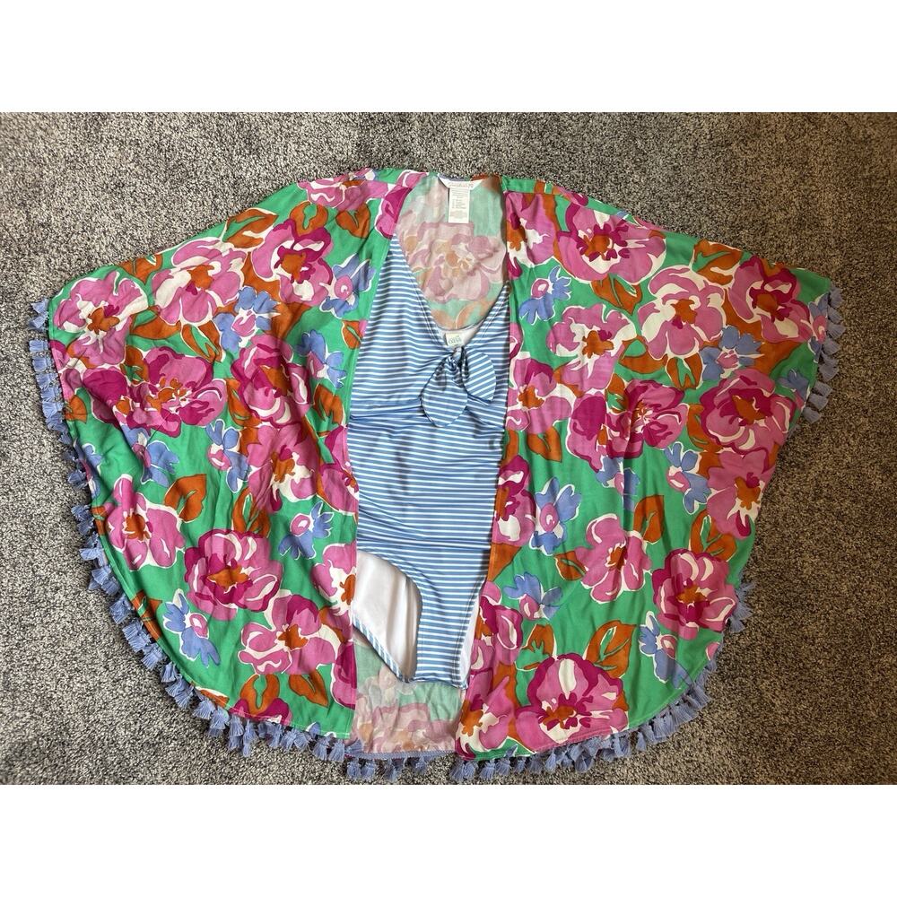 Sunshine 79 Floral Coverup & Oasis Blue White Striped Bathing Suit Lot 0X